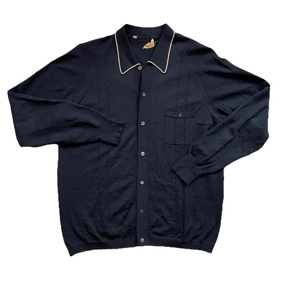 Vintage 50s Knit Cardigan Wool Black Tan Ribbed XL Sweater Long Sleeve - Picture 2 of 9